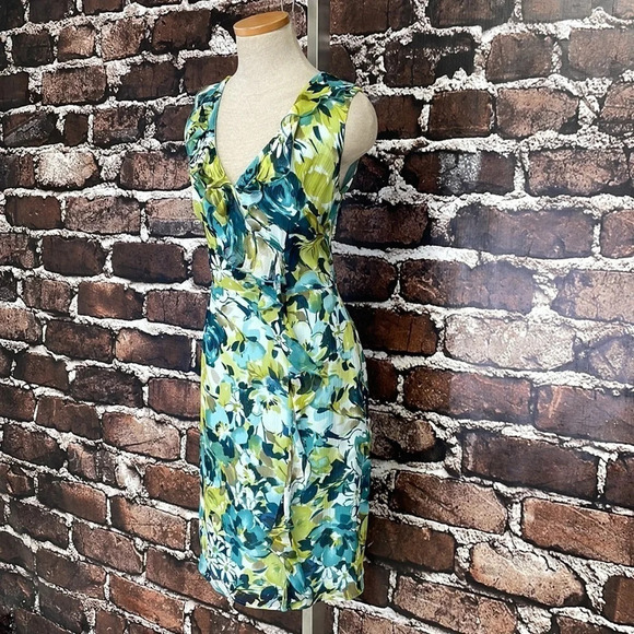 Pendleton Dress Silk Sleeveless Blue Green Knee Length Floral Ruffle Size 4P - Picture 6 of 14